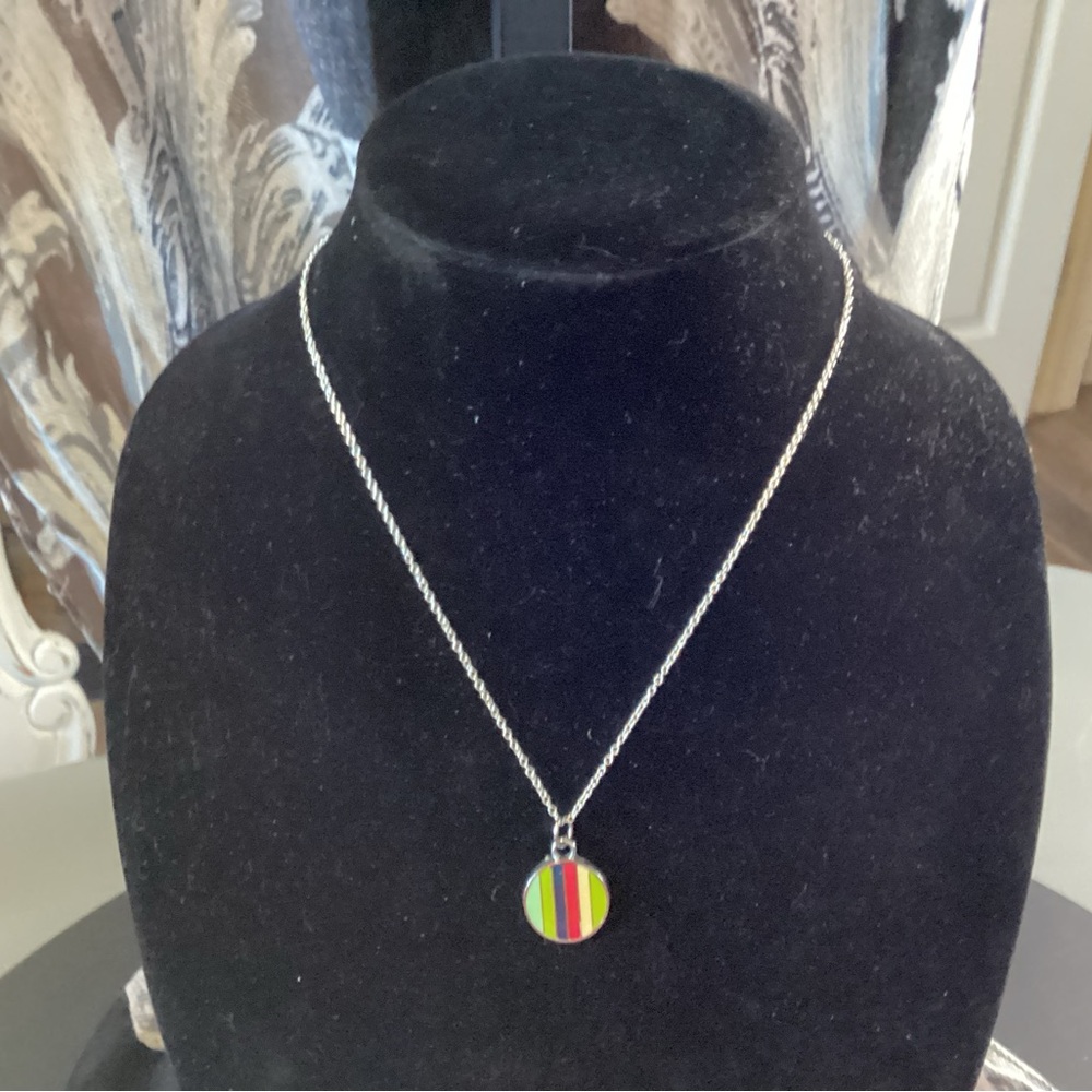 Coach legacy striped pendant necklace on silver tone chain. - Picture 2 of 3